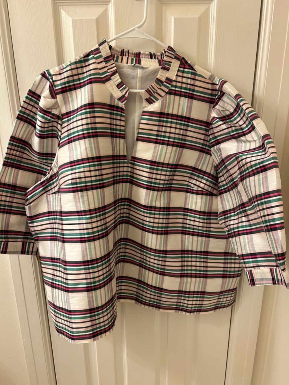 crown & ivy Multicolor Plaid Blouse in Cream, Green & Burgundy